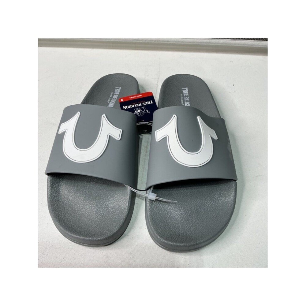 True Religion Mens Slides Gray Logo Size 9 Casual Slip-On Sandals